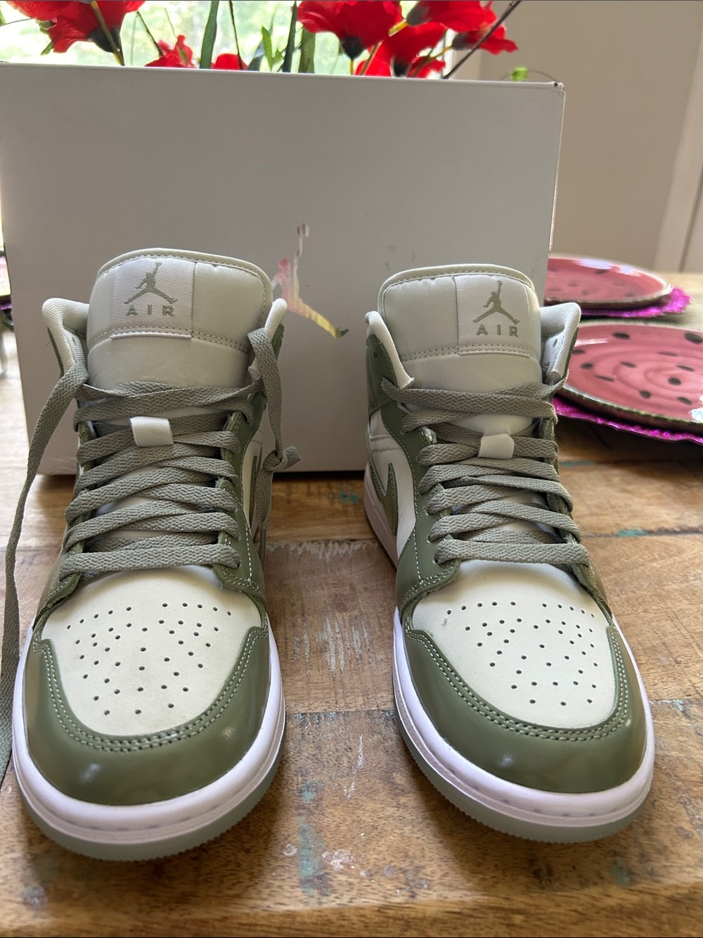 Women'sHigh-Top Nike Air Jordan Limited EditionSneakers in Olive Green and Cream